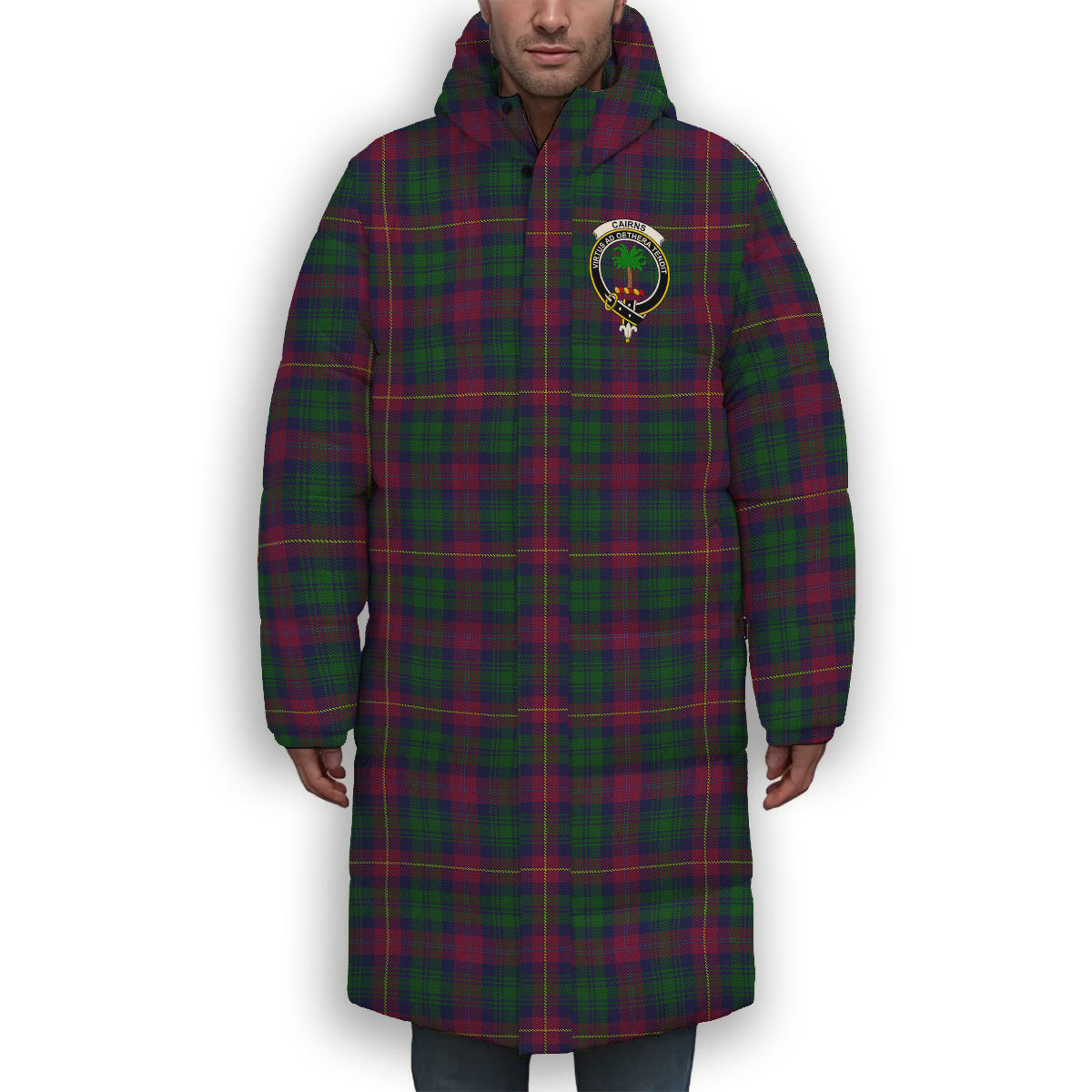 ScotsTee Shop Scottish Cairns of Finavon Crest Tartan Long Down Jacket Winter White Duck Down Plaid