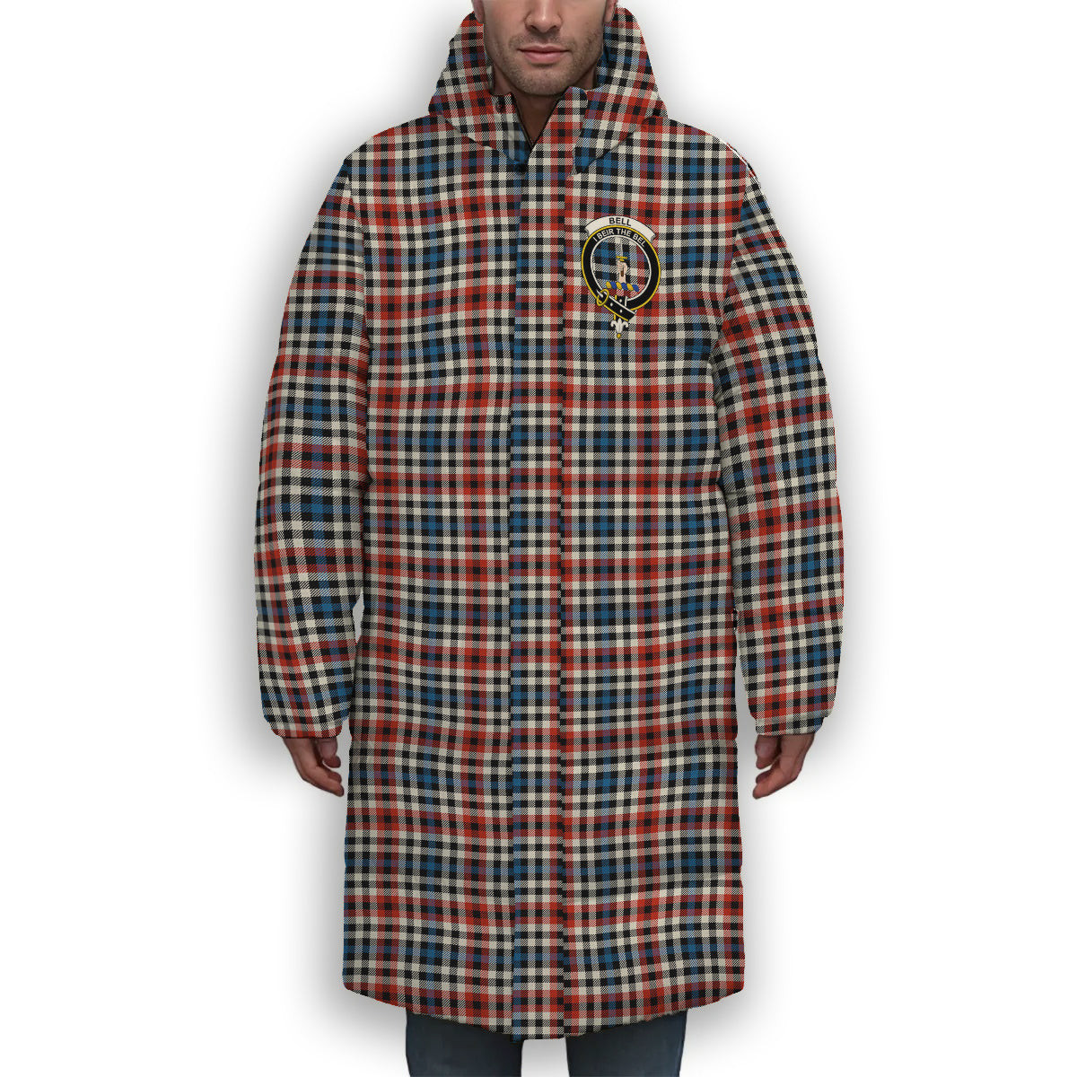 ScotsTee Shop Scottish Bell Border (Bell Southern Bell) Ancient Crest Tartan Long Down Jacket Winter White Duck Down Plaid