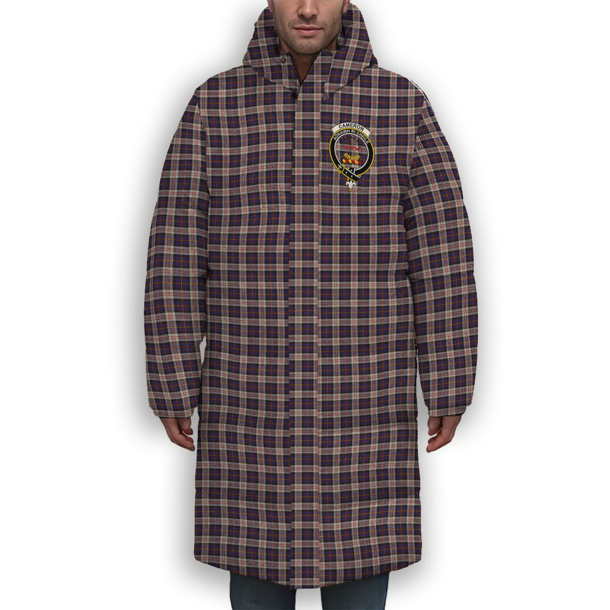 ScotsTee Shop Scottish Cameron of Erracht Dress Crest Tartan Long Down Jacket Winter White Duck Down Plaid