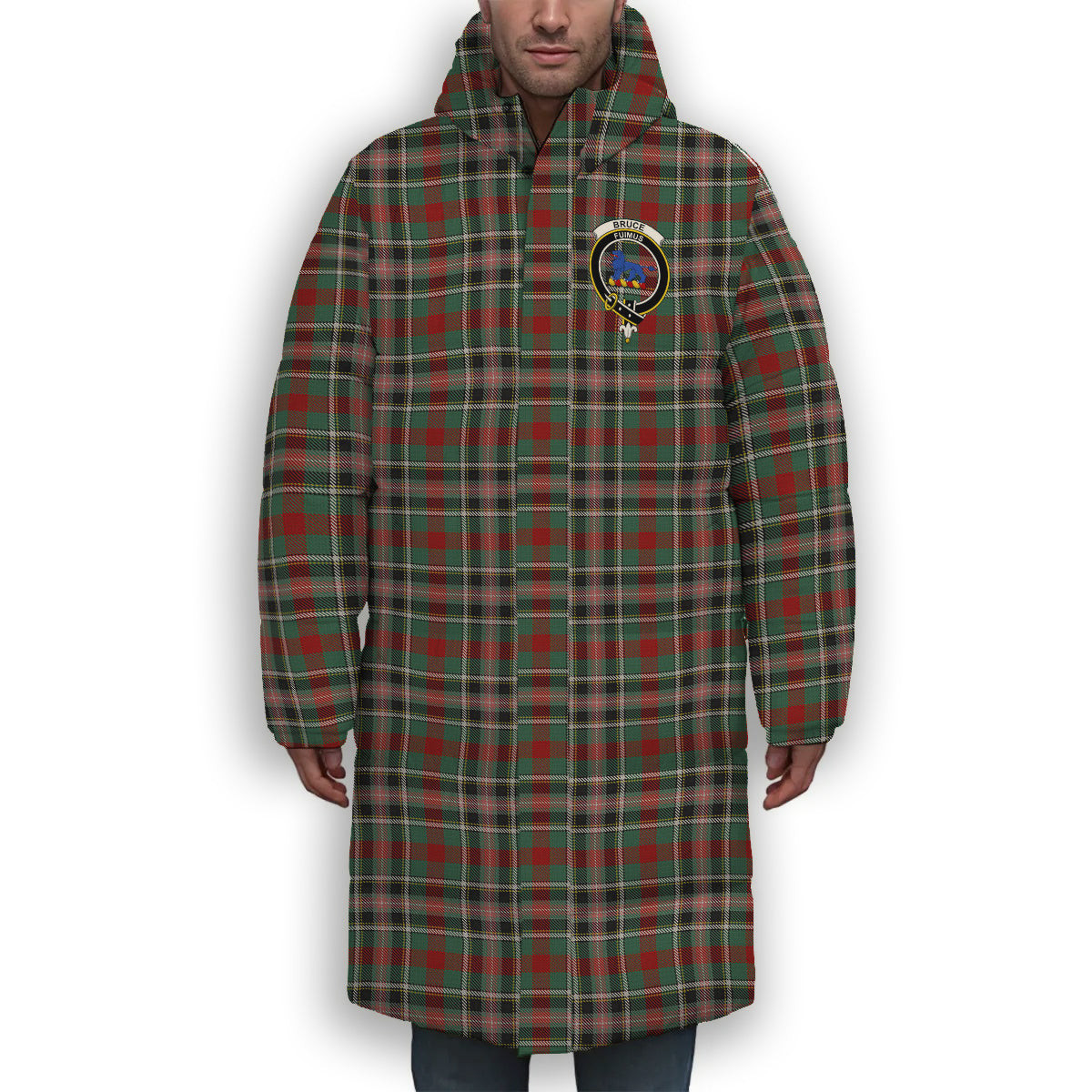 ScotsTee Shop Scottish Bruce of Kinnaird Crest Tartan Long Down Jacket Winter White Duck Down Plaid
