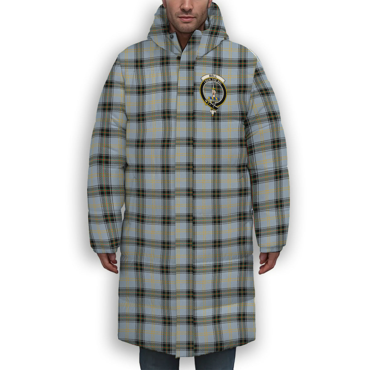 ScotsTee Shop Scottish Bell of the Borders Ancient Crest Tartan Long Down Jacket Winter White Duck Down Plaid