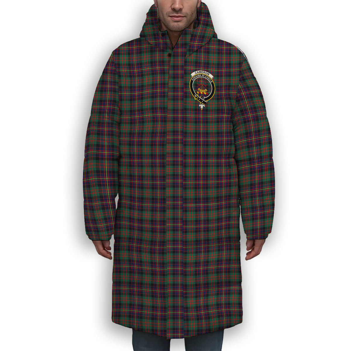 ScotsTee Shop Scottish Cameron Highlanders of Ottawa Crest Tartan Long Down Jacket Winter White Duck Down Plaid