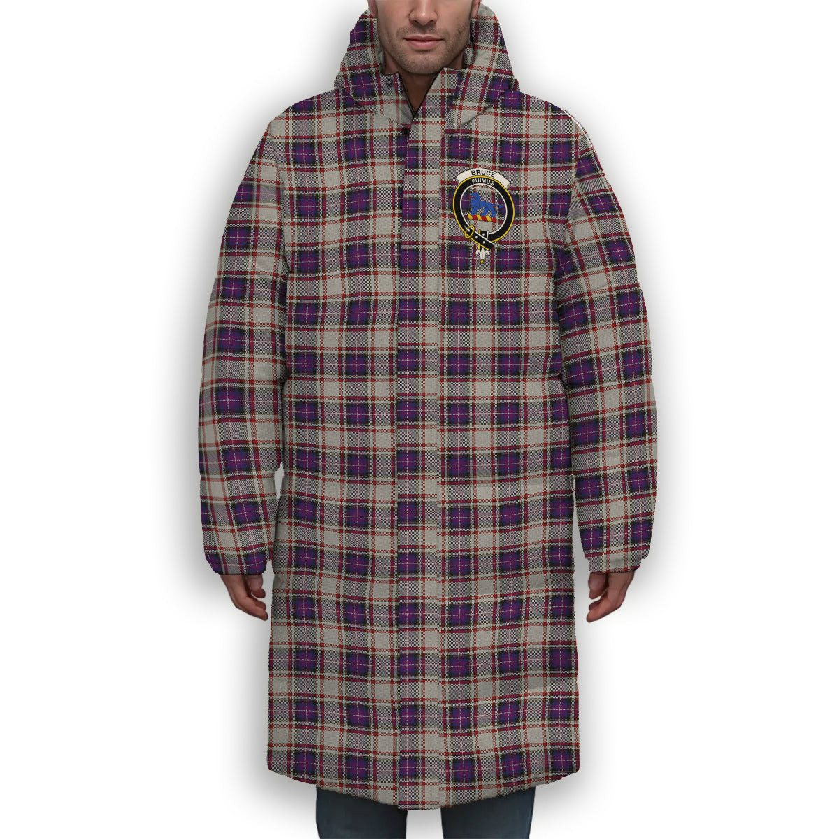 ScotsTee Shop Scottish Bruce of Kinnaird Dress (Dance) Crest Tartan Long Down Jacket Winter White Duck Down Plaid