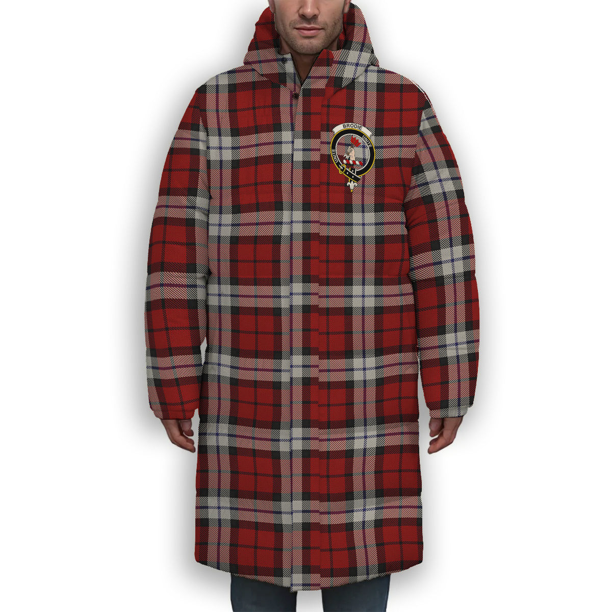 ScotsTee Shop Scottish Brodie Dress Crest Tartan Long Down Jacket Winter White Duck Down Plaid