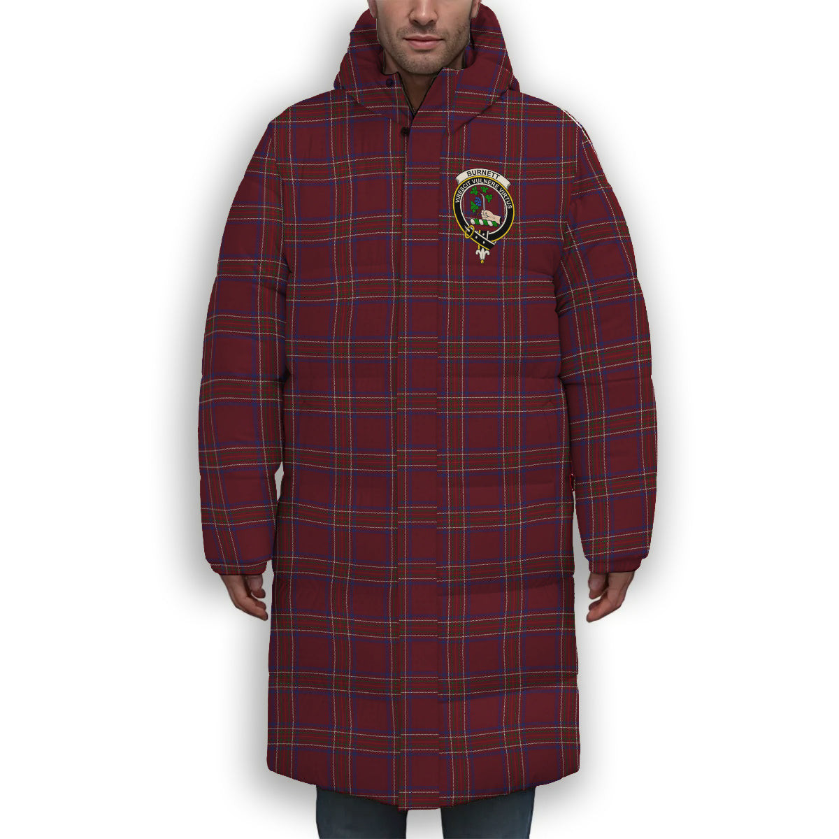 ScotsTee Shop Scottish Burnett of Leys Hunting Crest Tartan Long Down Jacket Winter White Duck Down Plaid