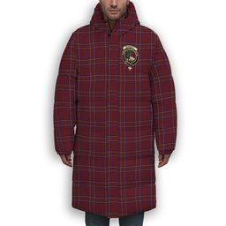 ScotsTee Shop Scottish Burnett of Leys Hunting Crest Tartan Long Down Jacket Winter White Duck Down Plaid