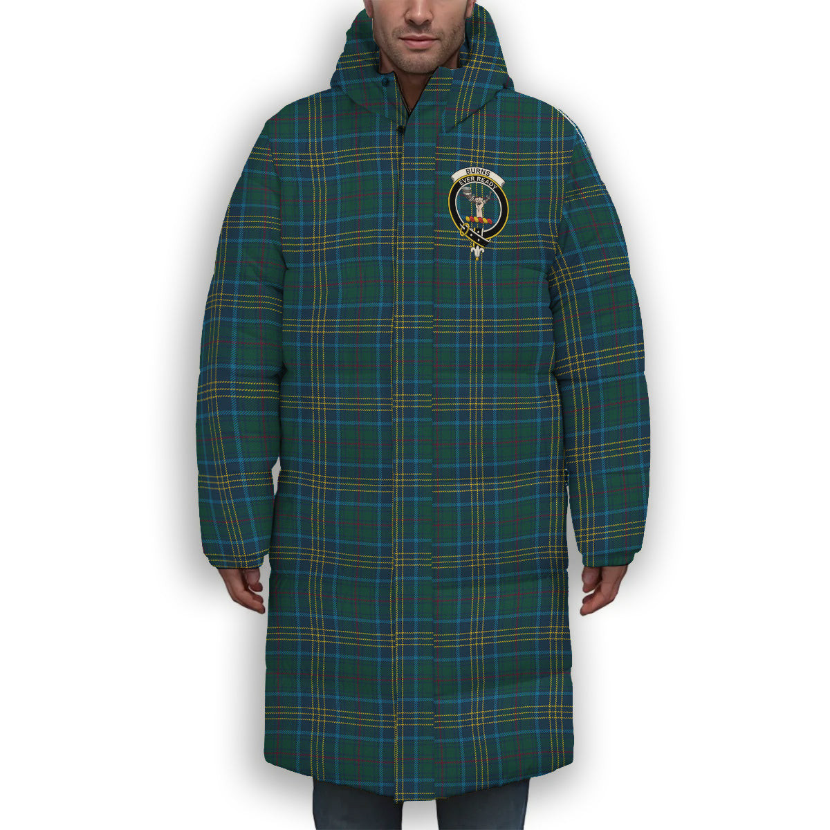 ScotsTee Shop Scottish Burns of California Modern Crest Tartan Long Down Jacket Winter White Duck Down Plaid