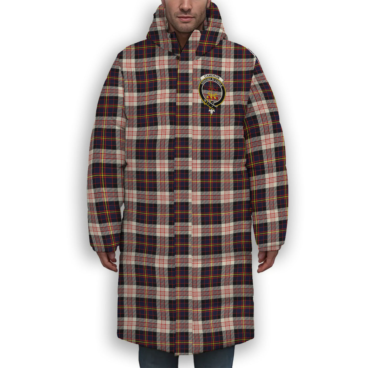 ScotsTee Shop Scottish Cameron of Erracht Dress Modern Crest Tartan Long Down Jacket Winter White Duck Down Plaid