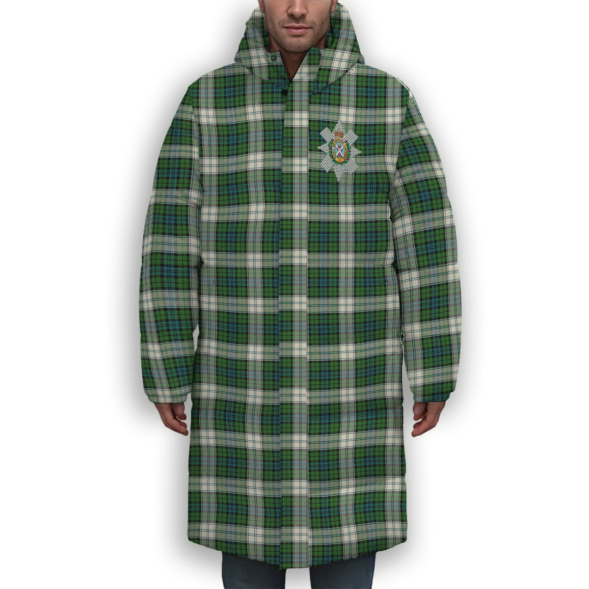 ScotsTee Shop Scottish Black Watch Dress Ancient Crest Tartan Long Down Jacket Winter White Duck Down Plaid