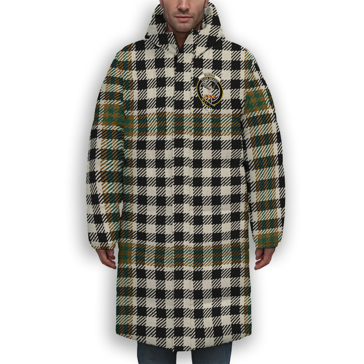 ScotsTee Shop Scottish Burns Check Modern Crest Tartan Long Down Jacket Winter White Duck Down Plaid