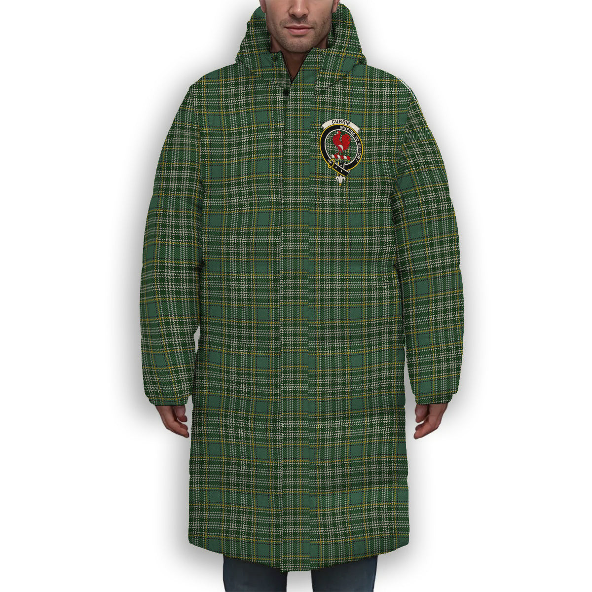 ScotsTee Shop Scottish Currie of Balilone Crest Tartan Long Down Jacket Winter White Duck Down Plaid