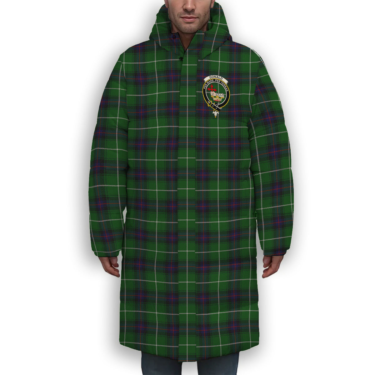 ScotsTee Shop Scottish Donald of The Isles Crest Tartan Long Down Jacket Winter White Duck Down Plaid