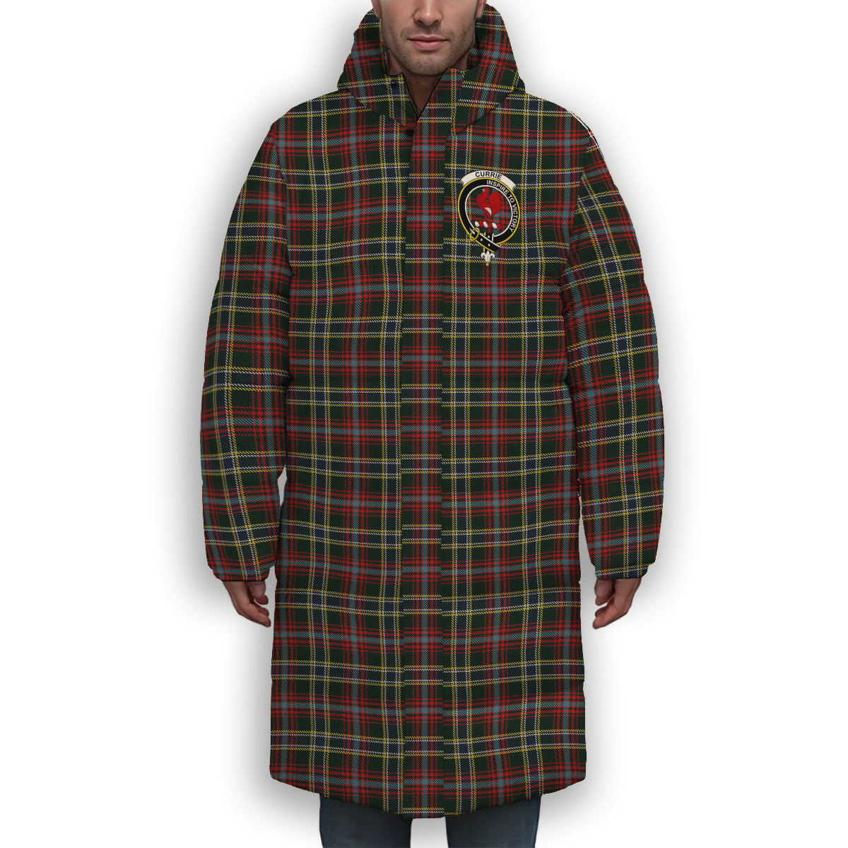 ScotsTee Shop Scottish Currie of Arran Crest Tartan Long Down Jacket Winter White Duck Down Plaid