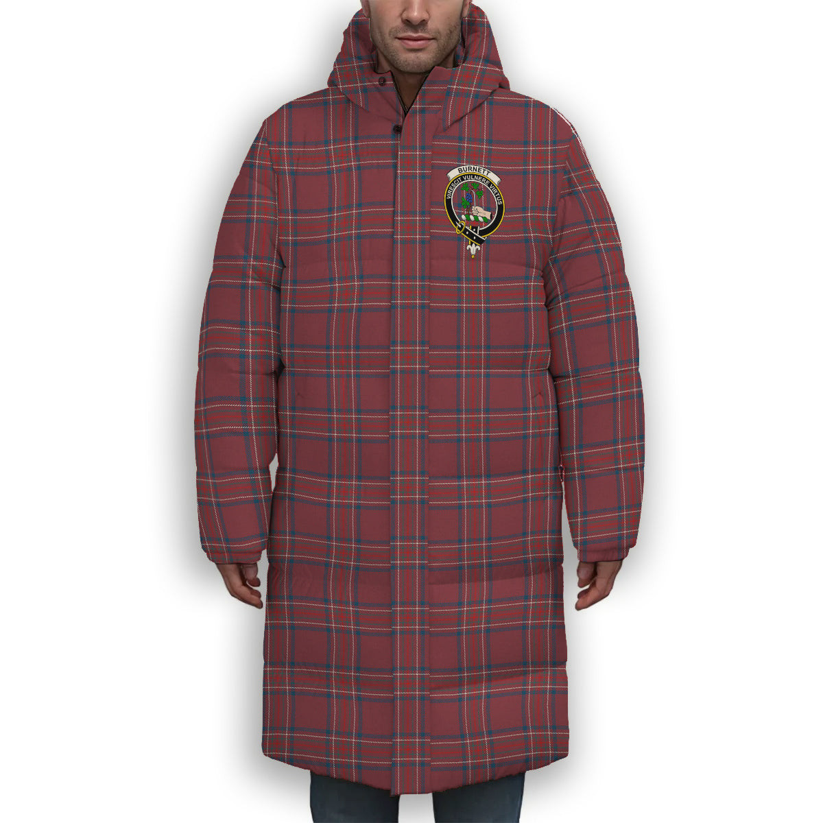ScotsTee Shop Scottish Burnett Hunting Modern Crest Tartan Long Down Jacket Winter White Duck Down Plaid