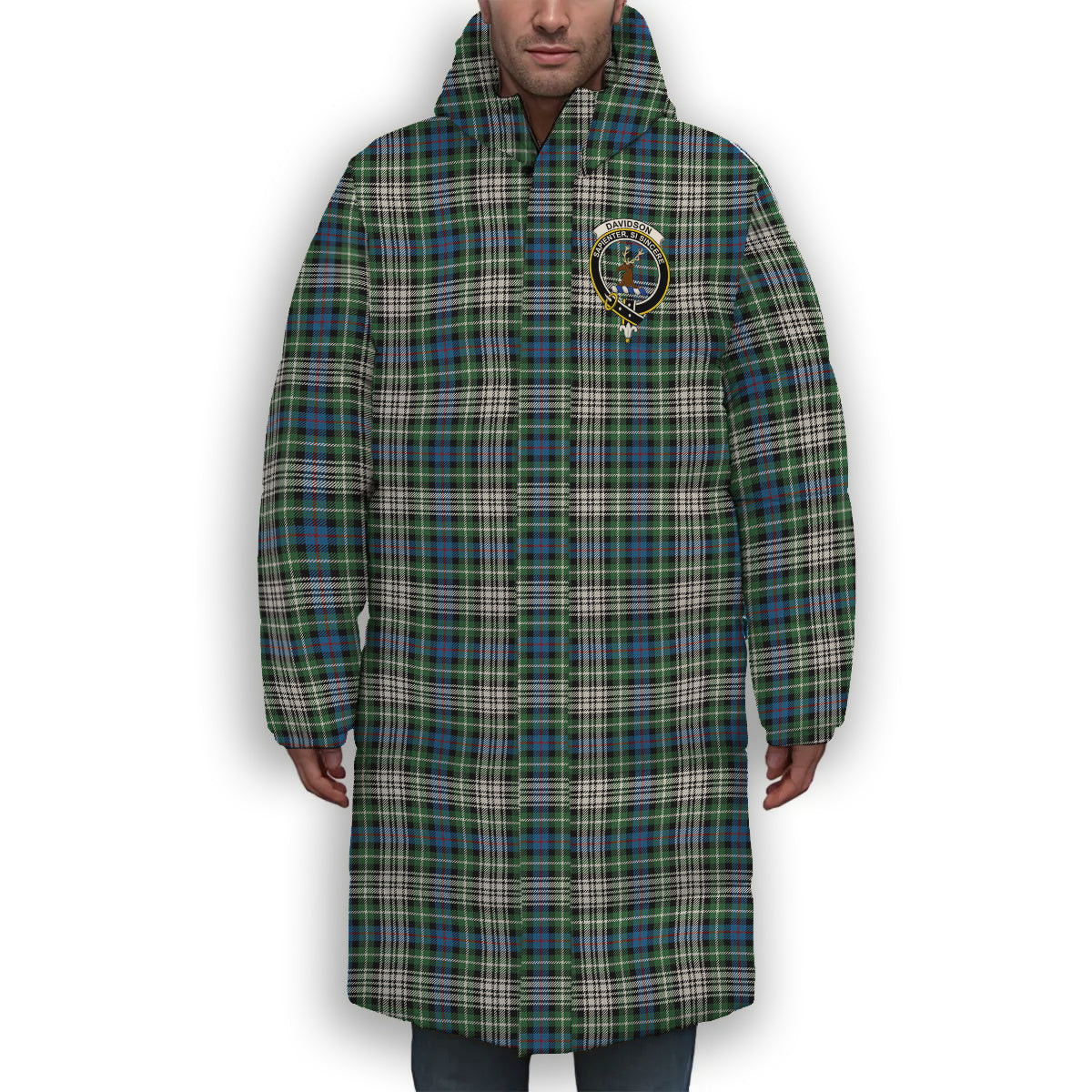 ScotsTee Shop Scottish Davidson of Tulloch Dress Ancient Crest Tartan Long Down Jacket Winter White Duck Down Plaid