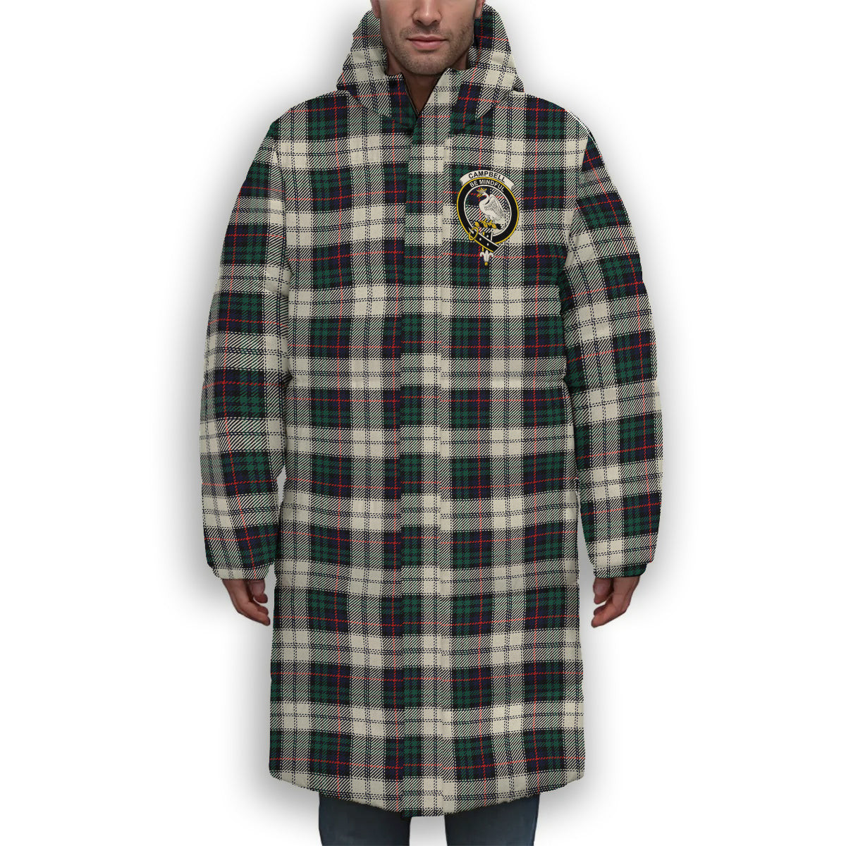 ScotsTee Shop Scottish Campbell of Cawdor Dress Modern Crest Tartan Long Down Jacket Winter White Duck Down Plaid