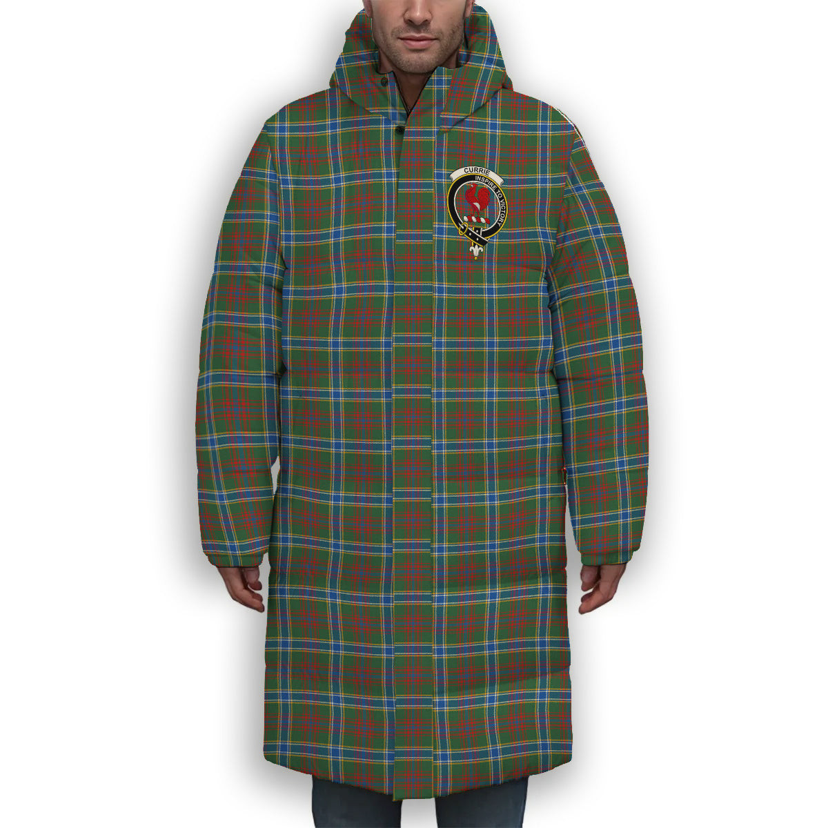 ScotsTee Shop Scottish Currie of Arran Modern Clan Crest Tartan Long Down Jacket Winter White Duck Down Plaid