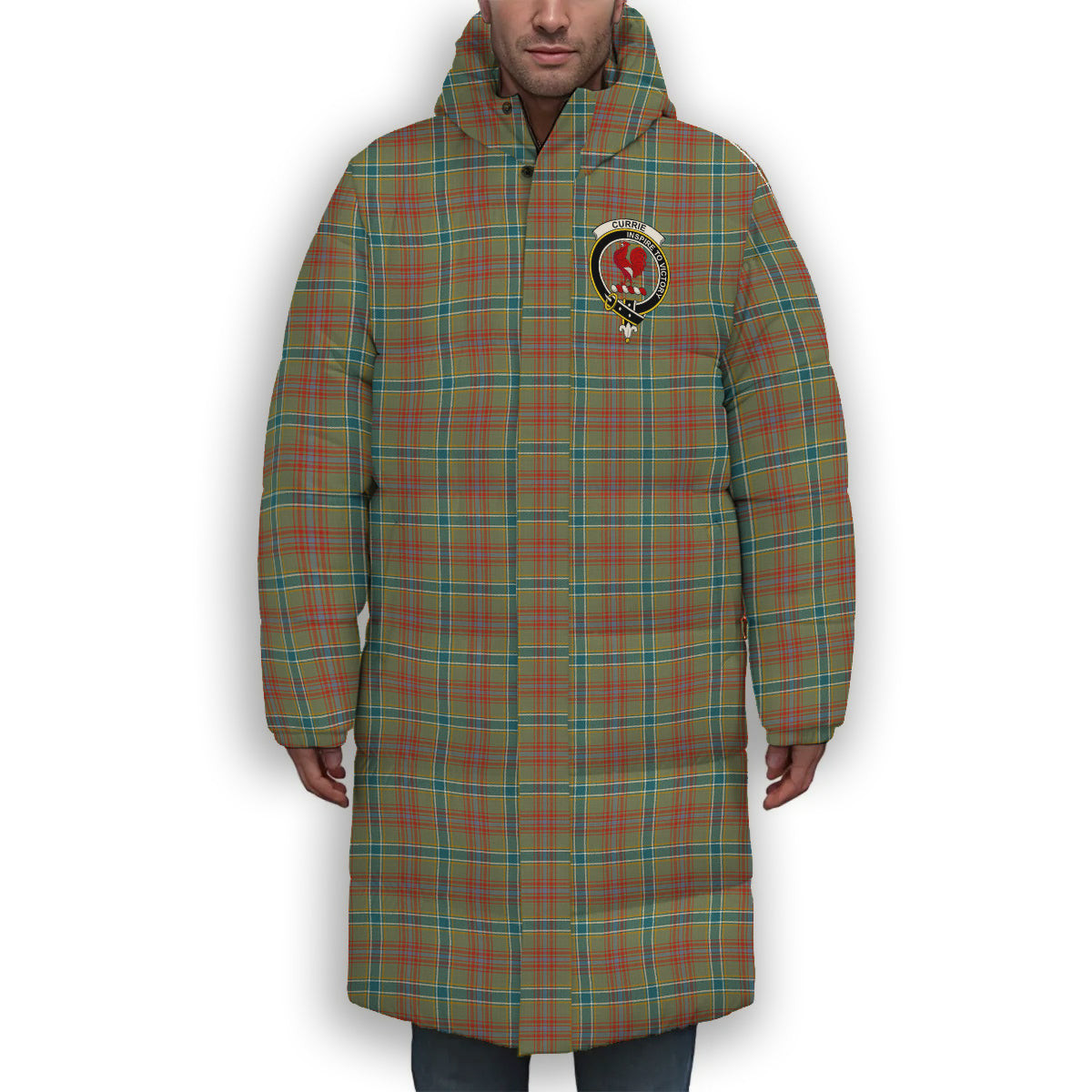 ScotsTee Shop Scottish Currie of Arran Ancient Clan Crest Tartan Long Down Jacket Winter White Duck Down Plaid