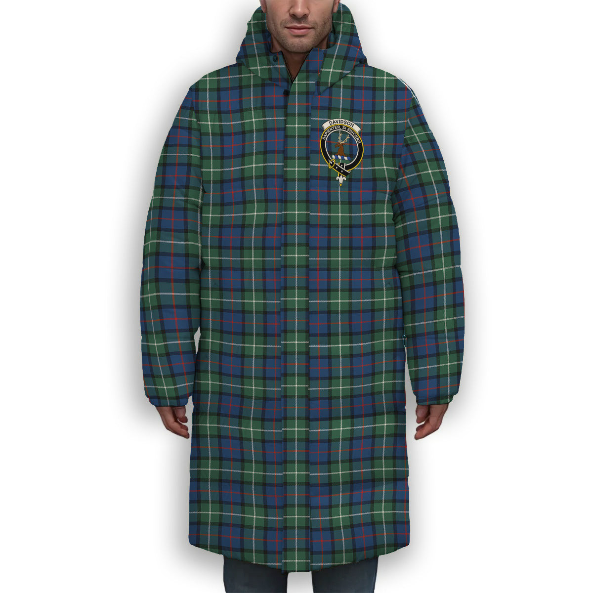 ScotsTee Shop Scottish Davidson of Tulloch SC Crest Tartan Long Down Jacket Winter White Duck Down Plaid