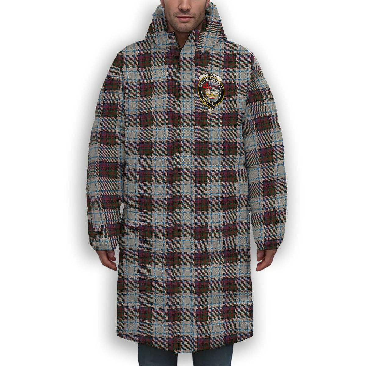 ScotsTee Shop Scottish Donald Dress Ancient Crest Tartan Long Down Jacket Winter White Duck Down Plaid