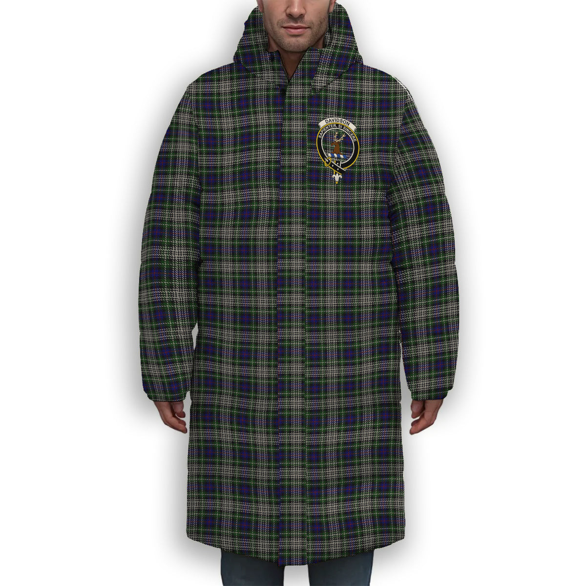 ScotsTee Shop Scottish Davidson of Tulloch Dress Crest Tartan Long Down Jacket Winter White Duck Down Plaid
