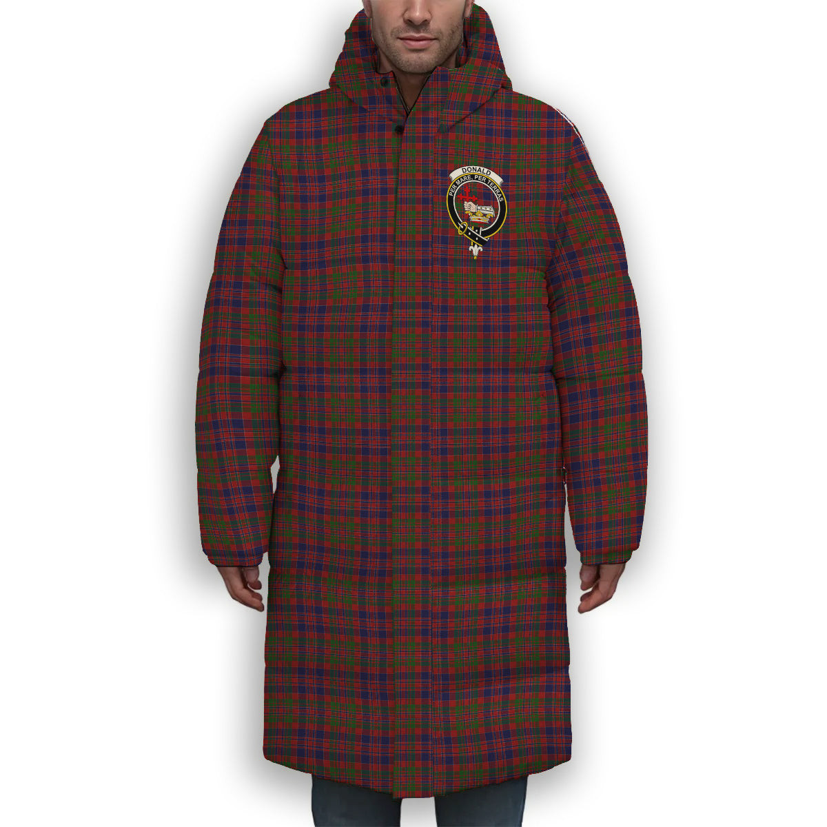 ScotsTee Shop Scottish Donald of Boisdale Crest Tartan Long Down Jacket Winter White Duck Down Plaid