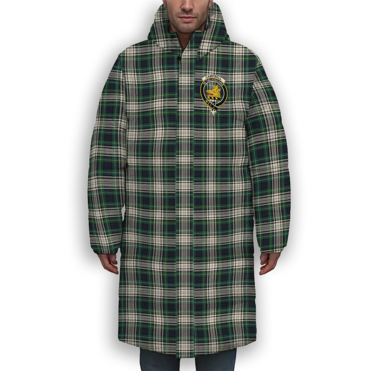 ScotsTee Shop Scottish Campbell Dress Modern Crest Tartan Long Down Jacket Winter White Duck Down Plaid