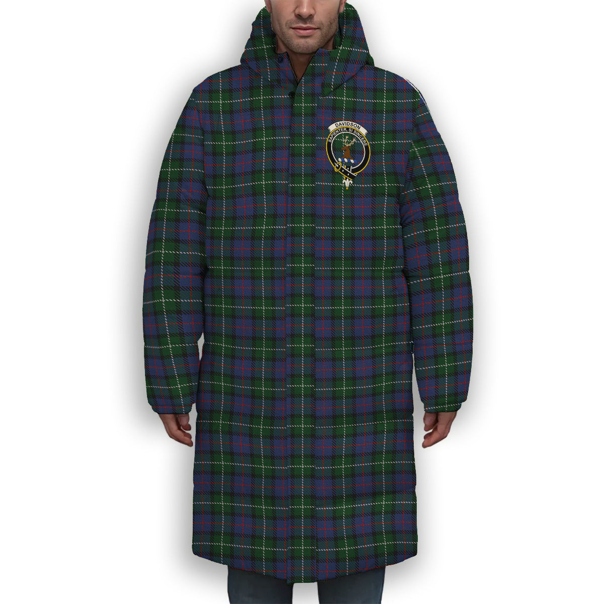 ScotsTee Shop Scottish Davidson of Tulloch 2 Crest Tartan Long Down Jacket Winter White Duck Down Plaid