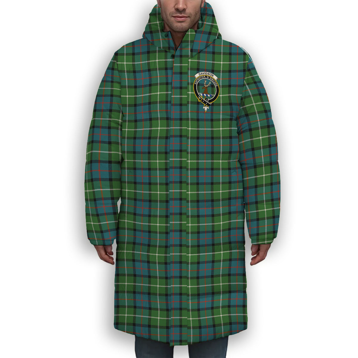 ScotsTee Shop Scottish Davidson of Tulloch Ancient Crest Tartan Long Down Jacket Winter White Duck Down Plaid