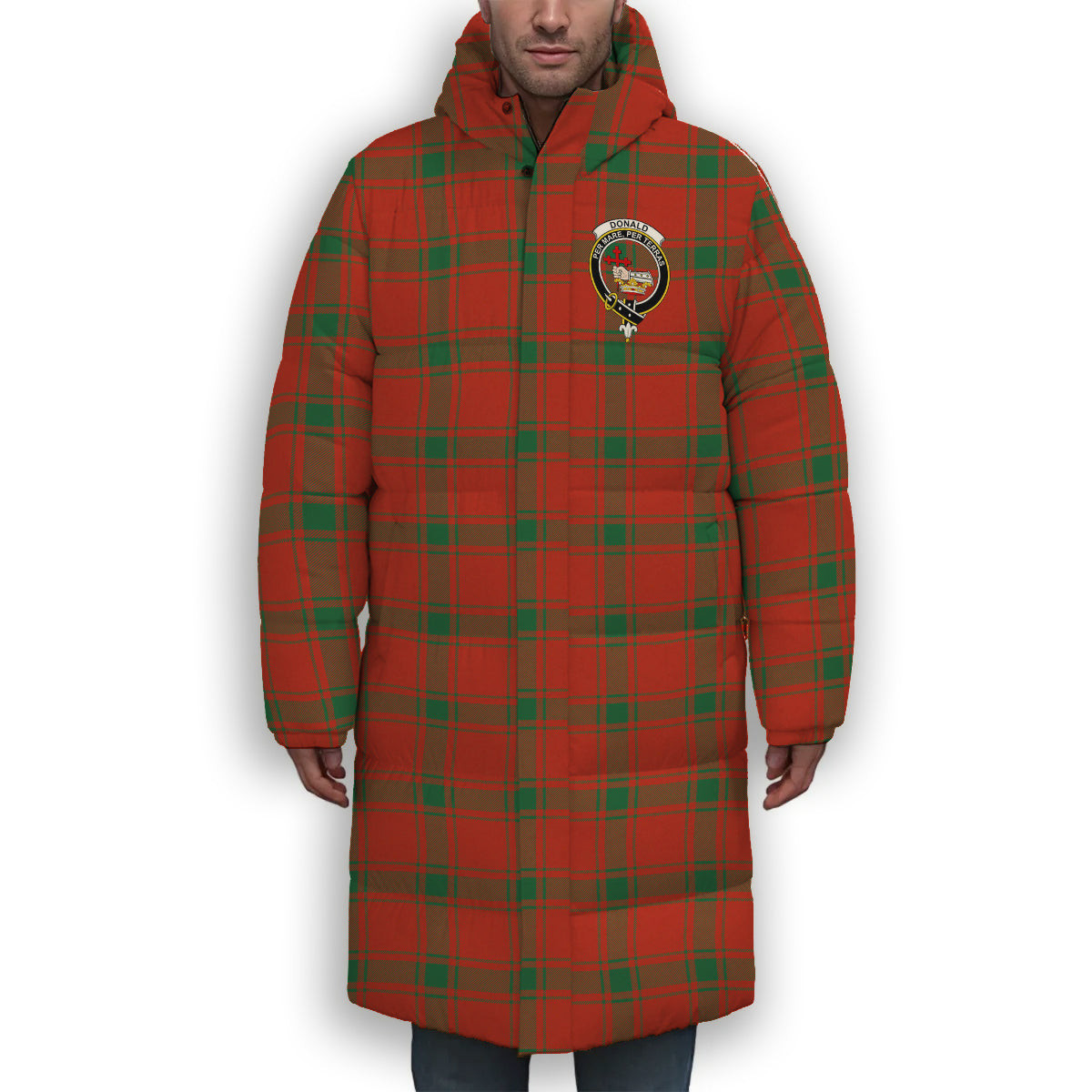 ScotsTee Shop Scottish Donald of the Isles Red Ancient Crest Tartan Long Down Jacket Winter White Duck Down Plaid