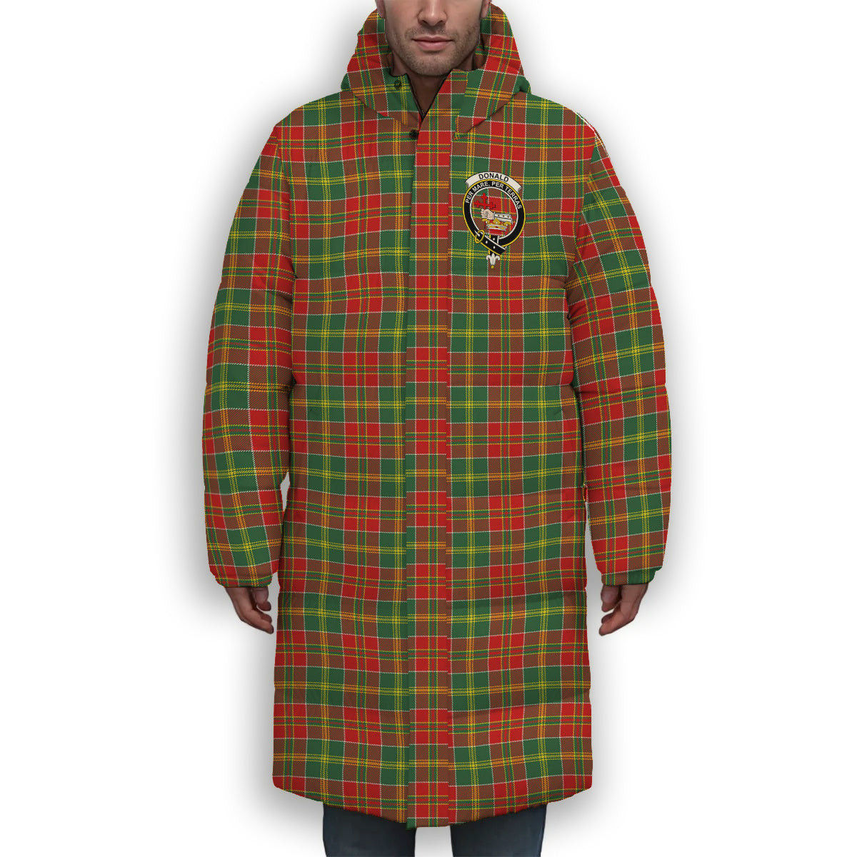 ScotsTee Shop Scottish Donald of Kingsburgh Modern Crest Tartan Long Down Jacket Winter White Duck Down Plaid