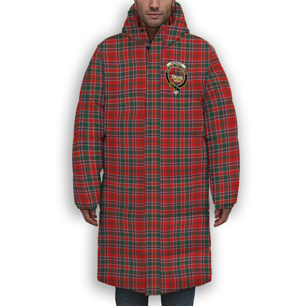 ScotsTee Shop Scottish Donald of Lochmaddy Modern Crest Tartan Long Down Jacket Winter White Duck Down Plaid