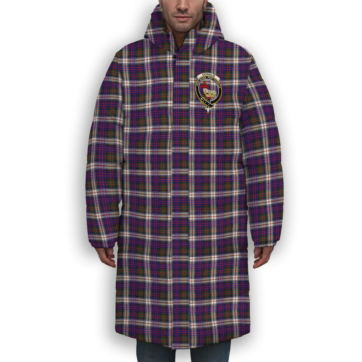 ScotsTee Shop Scottish Donald Dress Modern Crest Tartan Long Down Jacket Winter White Duck Down Plaid