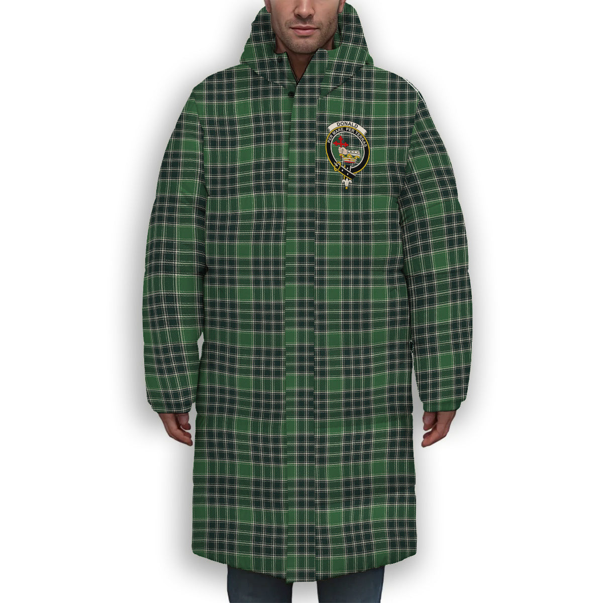 ScotsTee Shop Scottish Donald Lord of the Isles Hunting Modern Crest Tartan Long Down Jacket Winter White Duck Down Plaid
