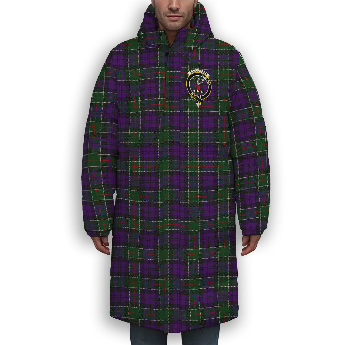 ScotsTee Shop Scottish Colquhoun 3 Crest Tartan Long Down Jacket Winter White Duck Down Plaid