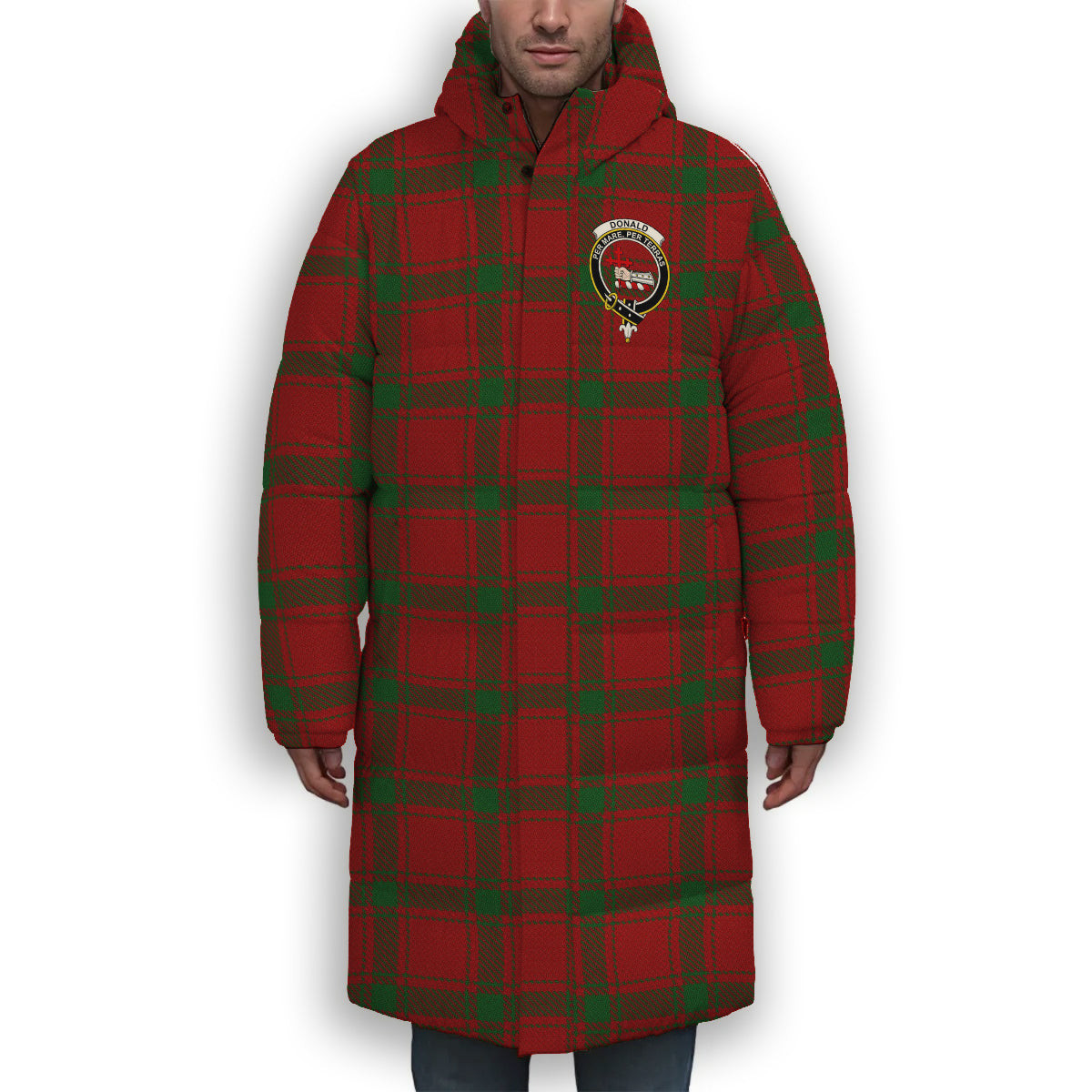 ScotsTee Shop Scottish Donald of Sleat Crest Tartan Long Down Jacket Winter White Duck Down Plaid