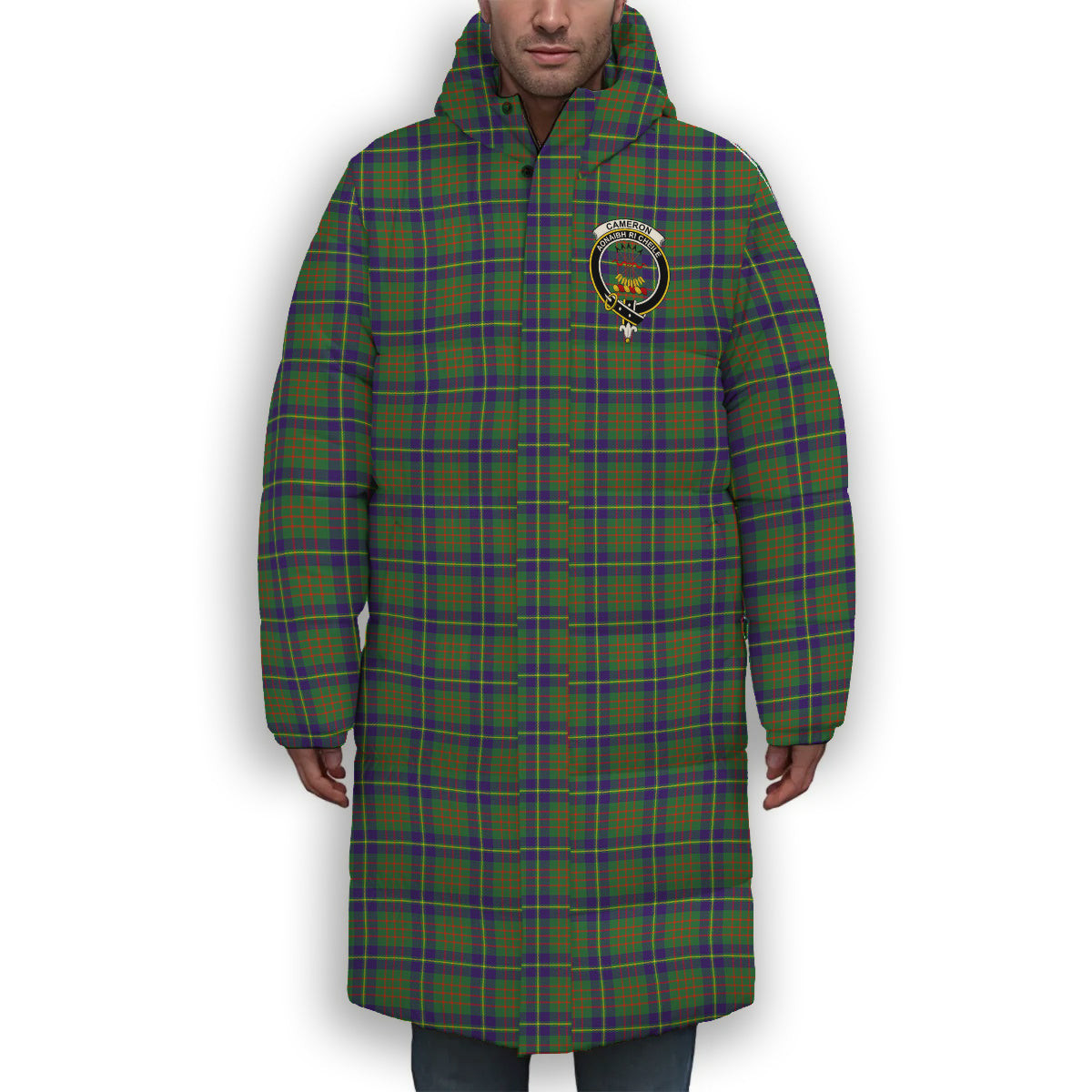 ScotsTee Shop Scottish Cameron of Lochiel Hunting Crest Tartan Long Down Jacket Winter White Duck Down Plaid