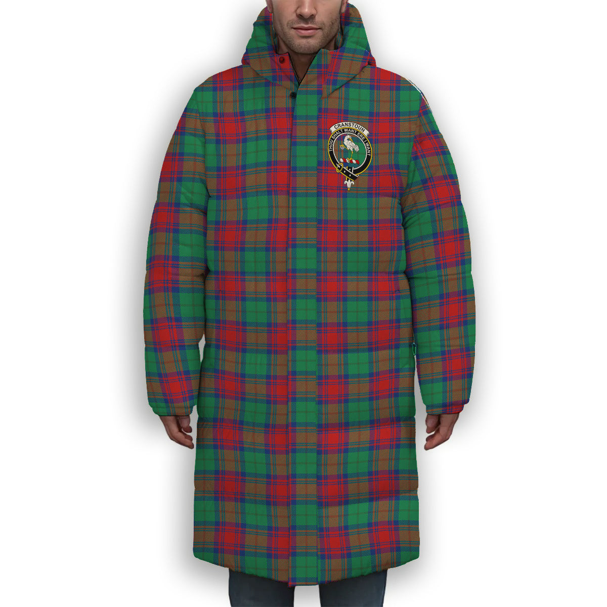 ScotsTee Shop Scottish Cranstoun Dress Modern Crest Tartan Long Down Jacket Winter White Duck Down Plaid
