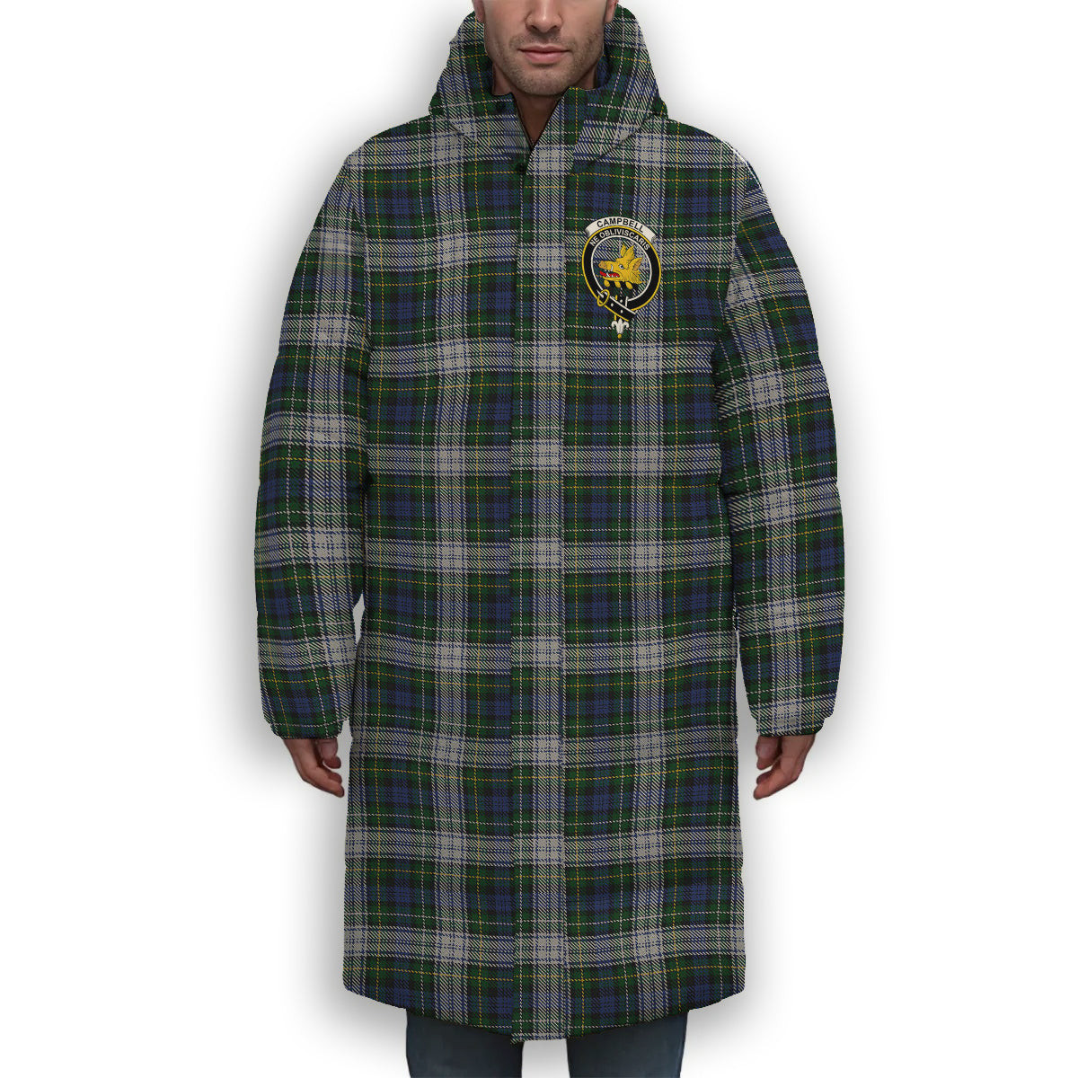 ScotsTee Shop Scottish Campbell of Lochnell Dress Crest Tartan Long Down Jacket Winter White Duck Down Plaid