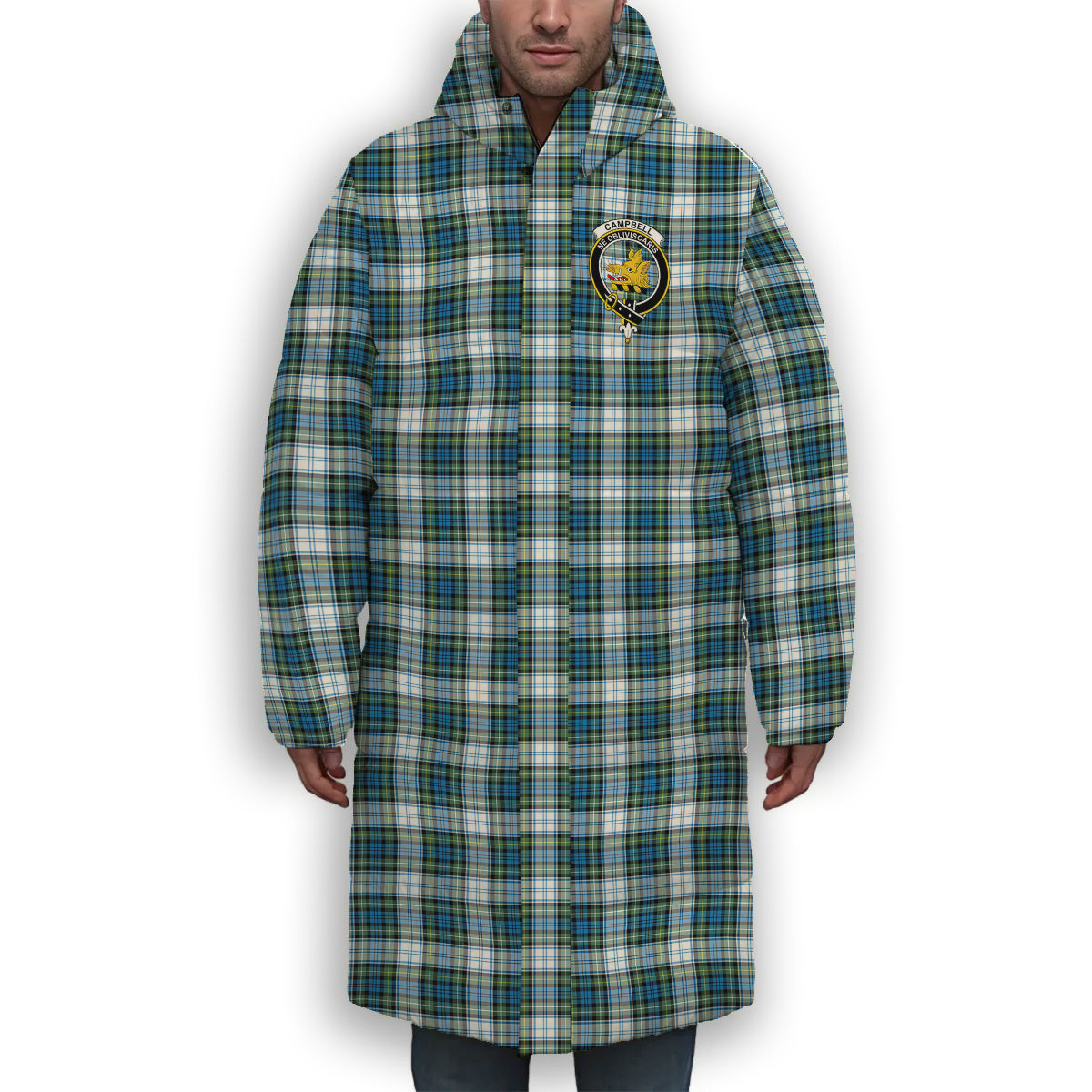 ScotsTee Shop Scottish Campbell Dress Ancient 02 Crest Tartan Long Down Jacket Winter White Duck Down Plaid