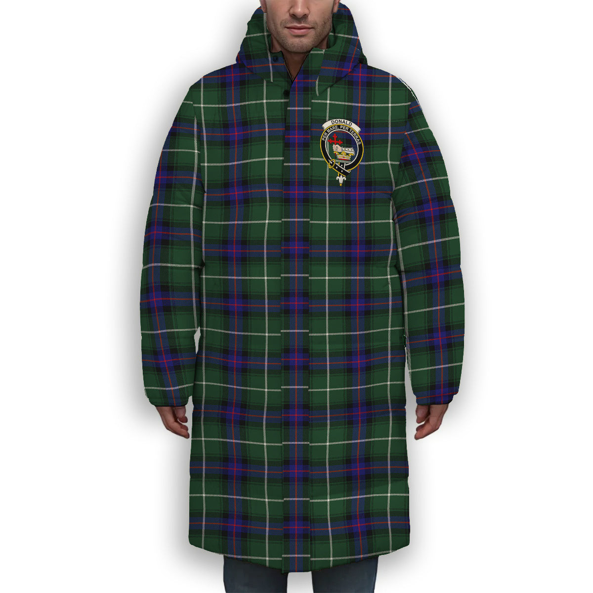 ScotsTee Shop Scottish Donald of the Isles Hunting Modern Crest Tartan Long Down Jacket Winter White Duck Down Plaid