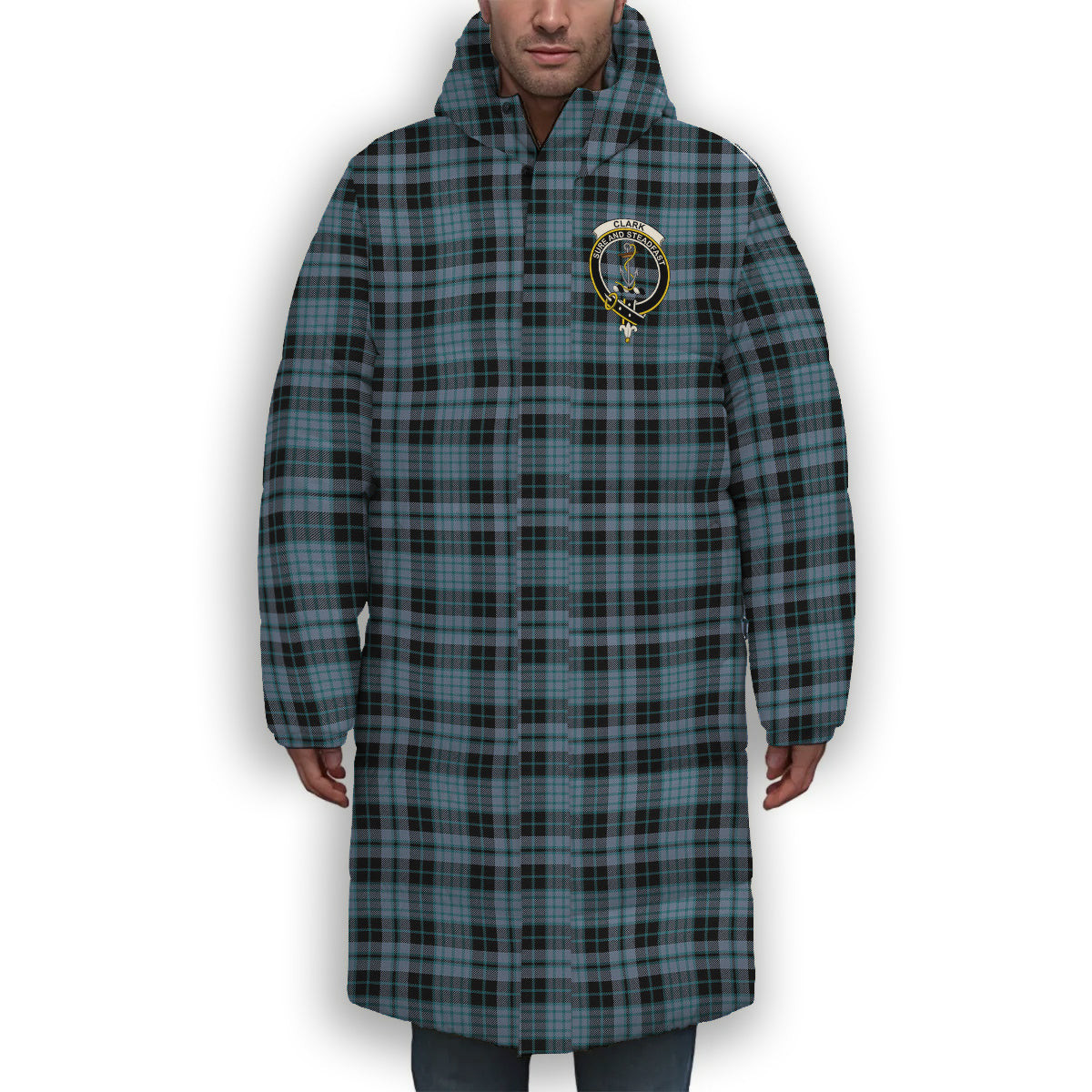 ScotsTee Shop Scottish Clark (Clergy) Ancient Clan Crest Tartan Long Down Jacket Winter White Duck Down Plaid