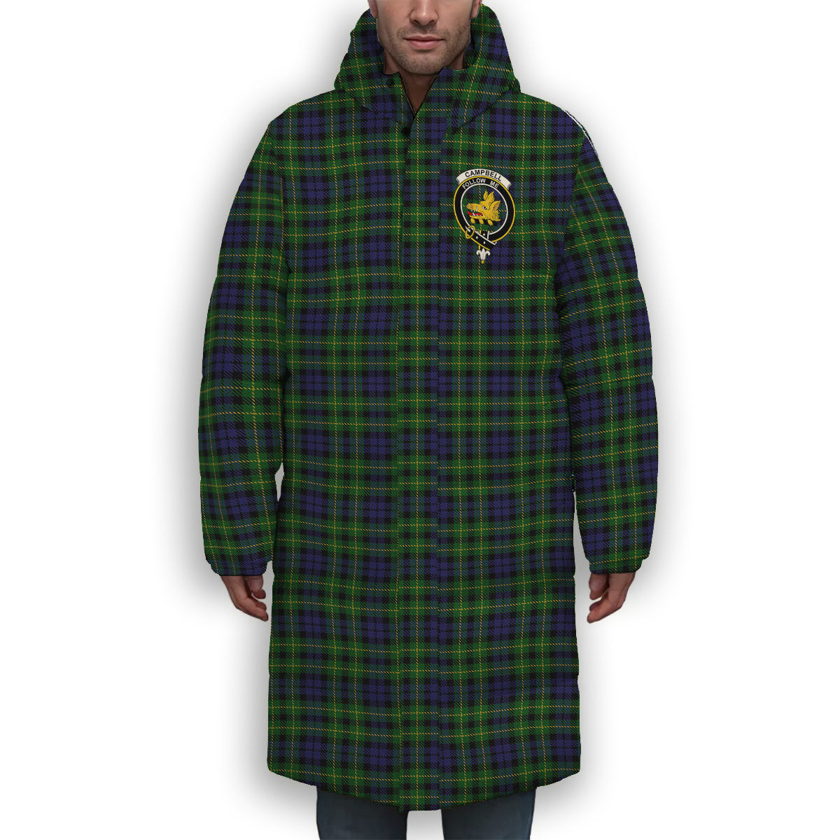ScotsTee Shop Scottish Campbell of Breadalbane 2 Crest Tartan Long Down Jacket Winter White Duck Down Plaid