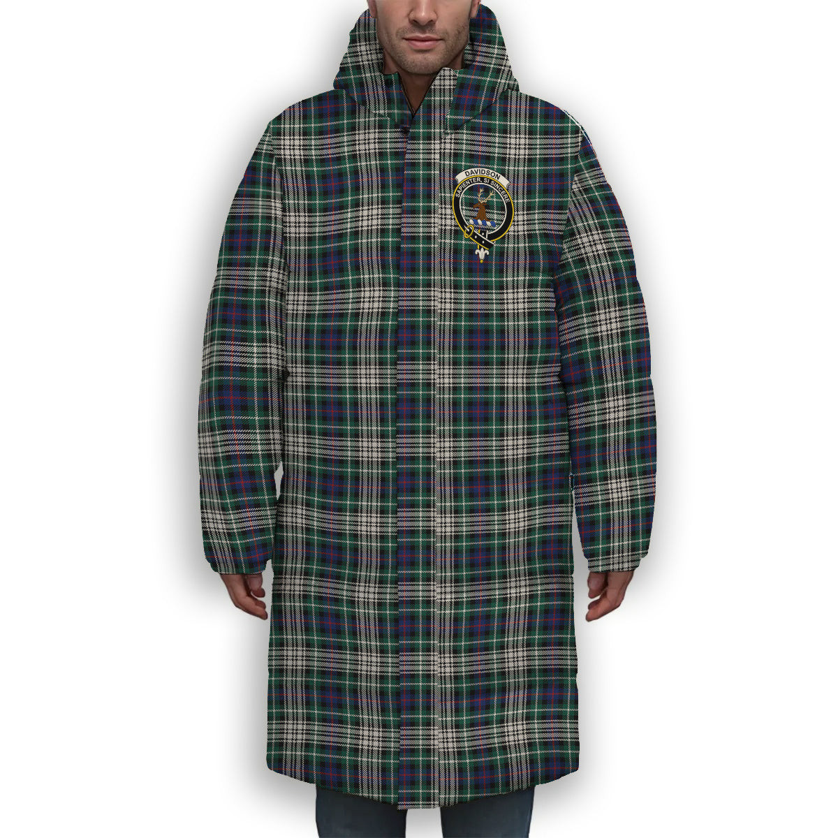 ScotsTee Shop Scottish Davidson of Tulloch Dress Modern Crest Tartan Long Down Jacket Winter White Duck Down Plaid