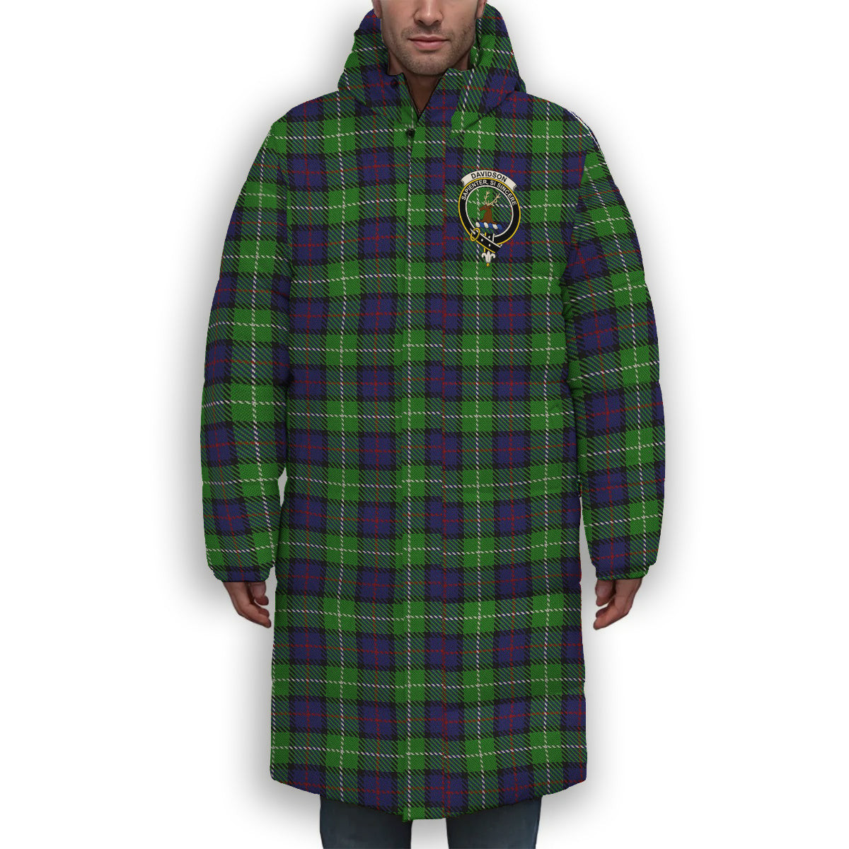 ScotsTee Shop Scottish Davidson of Tulloch Crest Tartan Long Down Jacket Winter White Duck Down Plaid