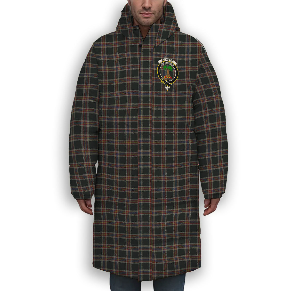 ScotsTee Shop Scottish Christie (London) Hunting Crest Tartan Long Down Jacket Winter White Duck Down Plaid