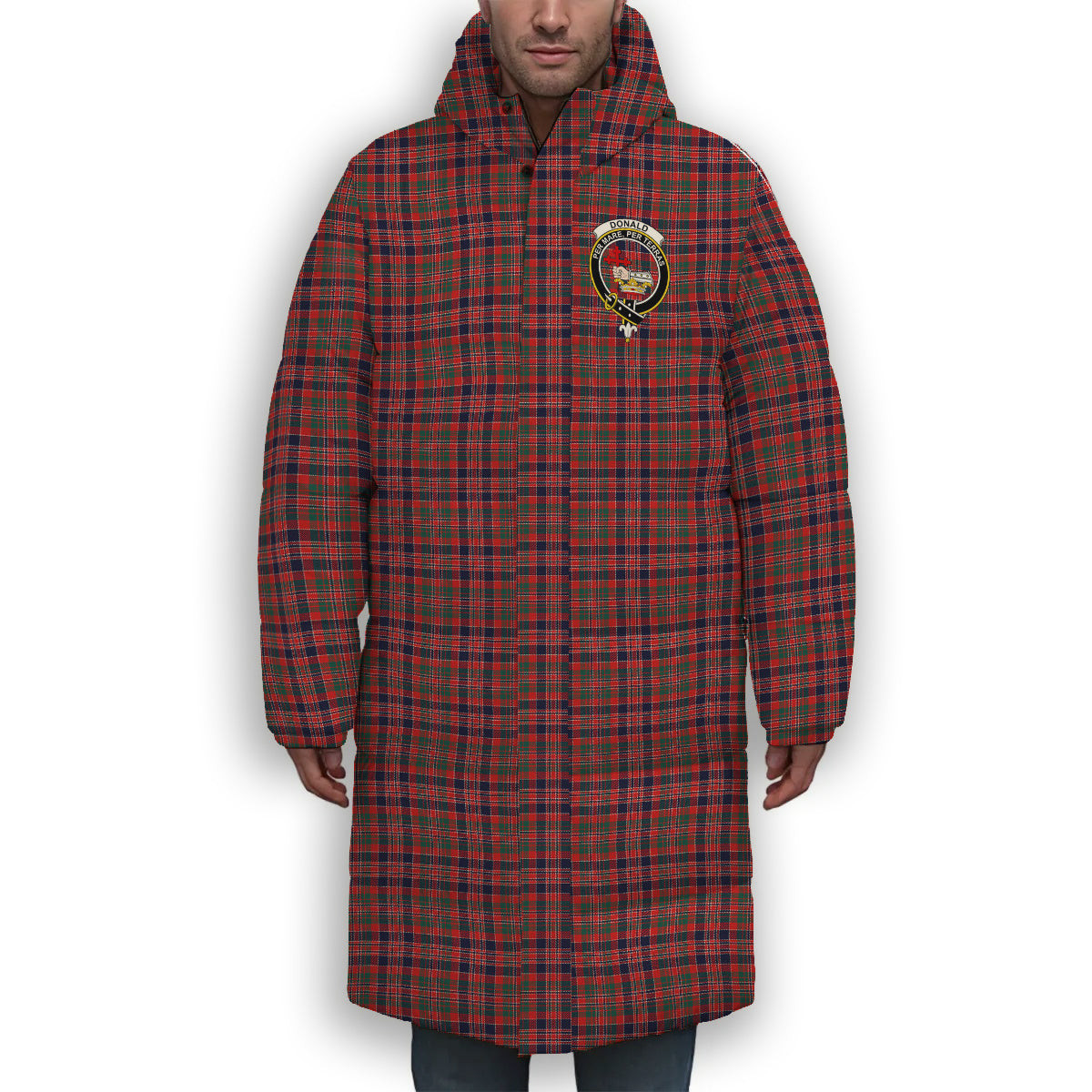 ScotsTee Shop Scottish Donald of Boisdale Modern Crest Tartan Long Down Jacket Winter White Duck Down Plaid