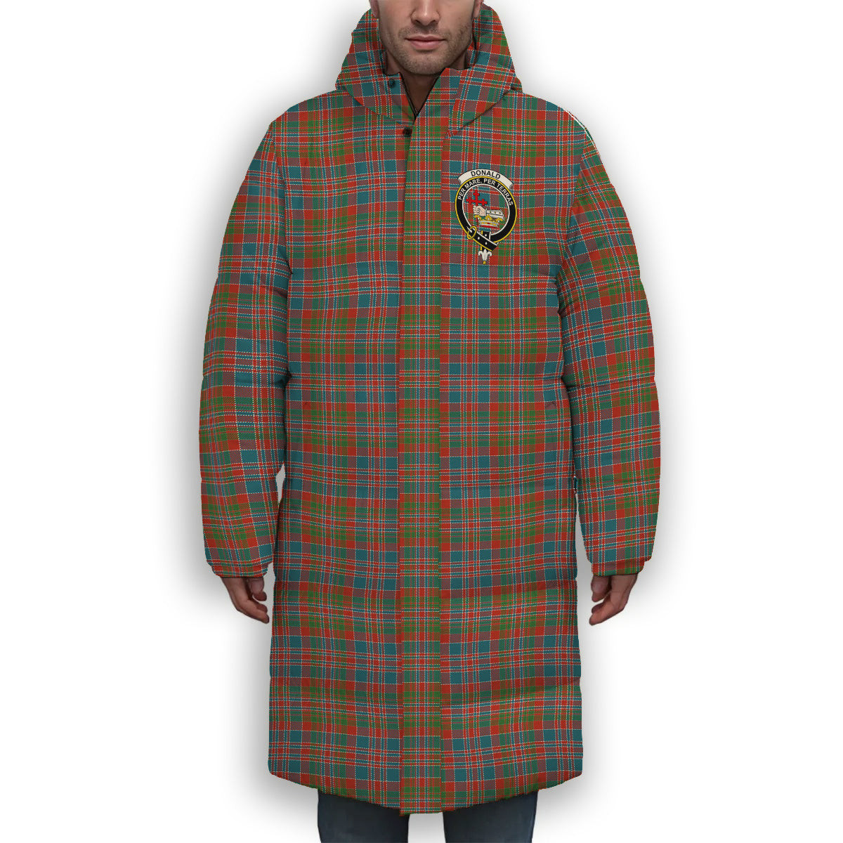 ScotsTee Shop Scottish Donald of Boisdale Ancient Crest Tartan Long Down Jacket Winter White Duck Down Plaid