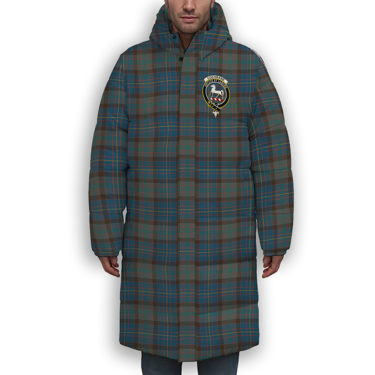 ScotsTee Shop Scottish Cochrane Hunting Modern Crest Tartan Long Down Jacket Winter White Duck Down Plaid