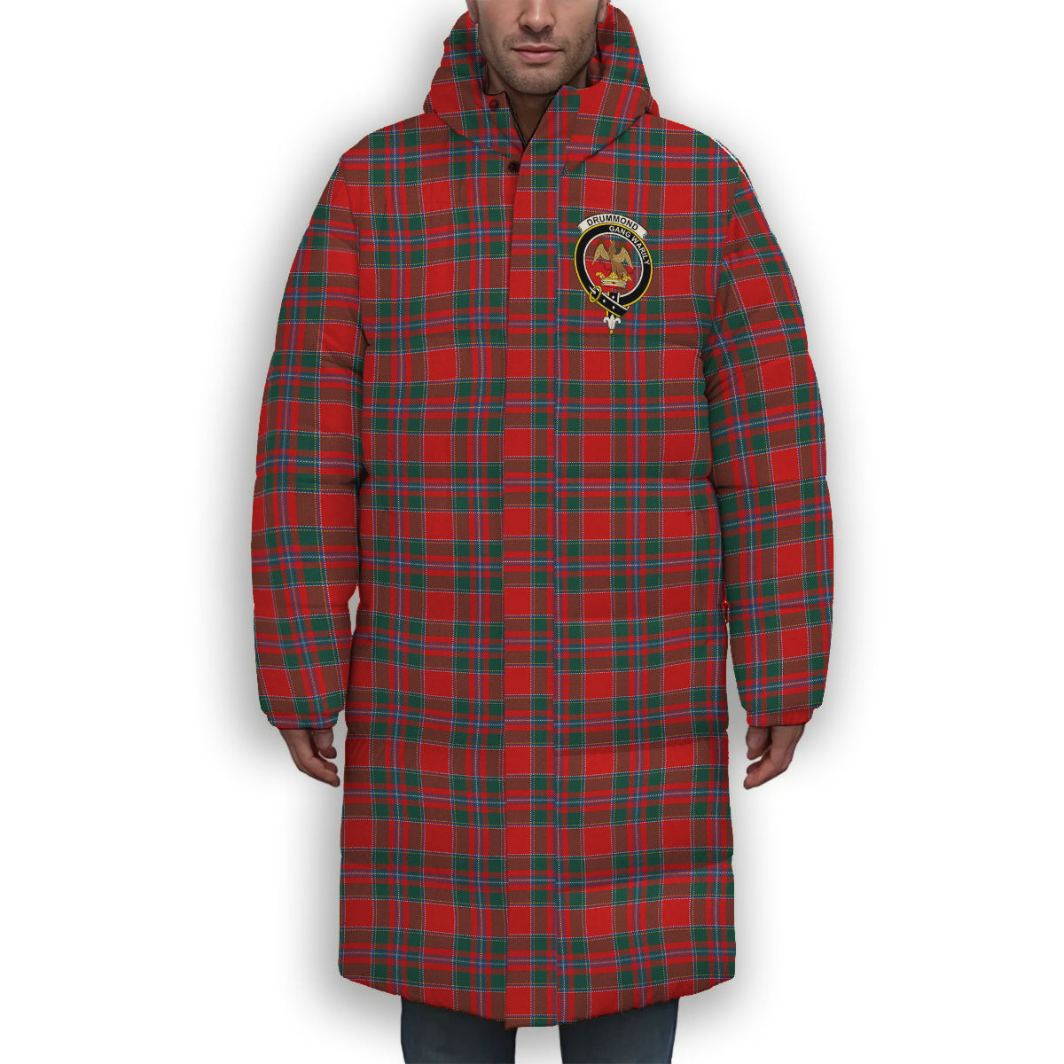 ScotsTee Shop Scottish Drummond of Perth Modern Crest Tartan Long Down Jacket Winter White Duck Down Plaid